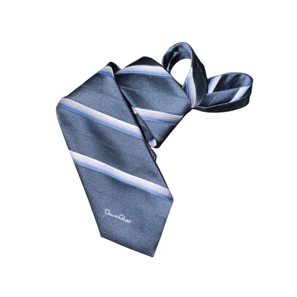 Oscar de la Renta Mens‎ Tie Blue Silver Diagonal Stripe Classic Designer Necktie